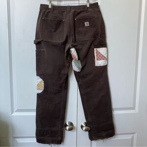 Carhartt Brown Double Knee Workwear Pants with Upcycled Antique Quilt Patches